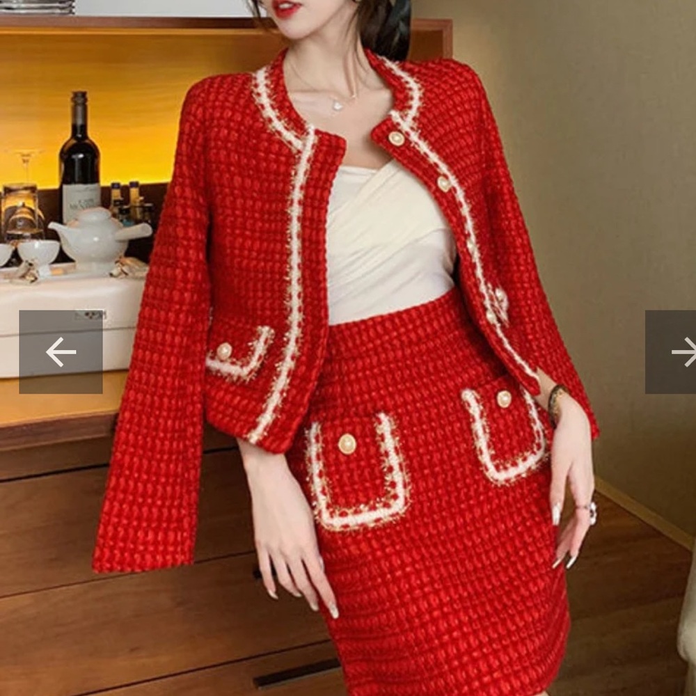 Elegant Red Tweed Skirt Set